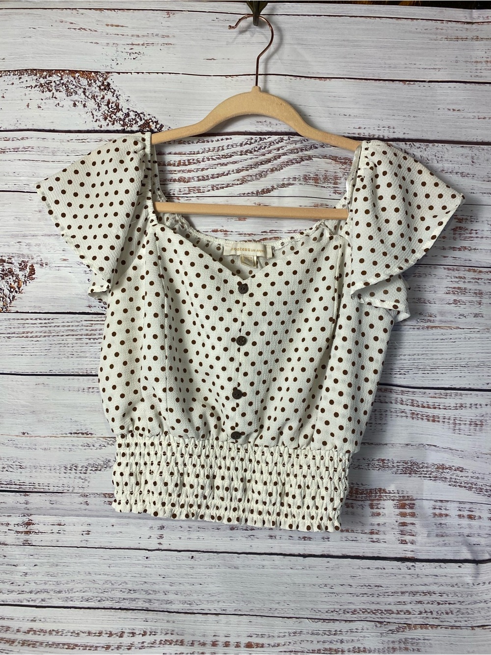 Monteau Cream Polka Dot Smocked Crop Top Sz-M